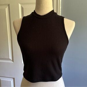 Milumia Ribbed Mock Neck Crop Top (L) – Black Sleeveless Basic (Fits Small)